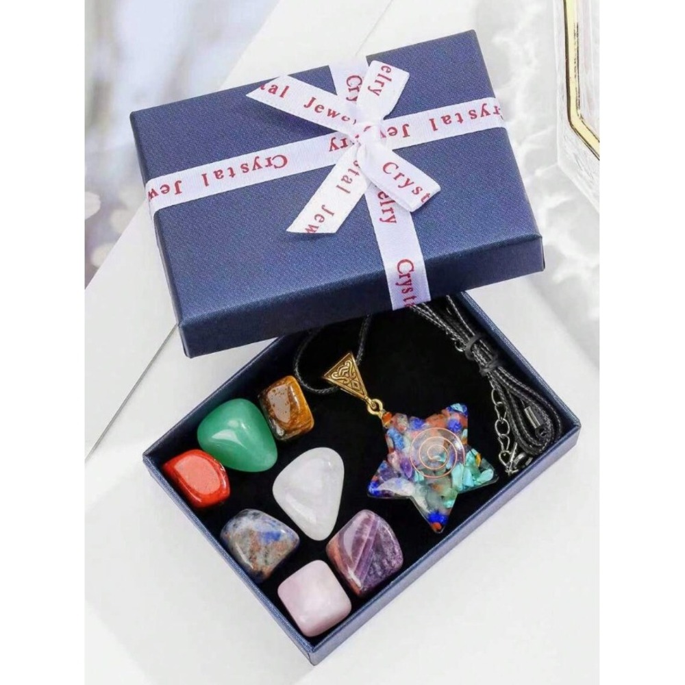 7 Chakra Healing Crystal Set with Star Resin Pendant Necklace and Gift Box